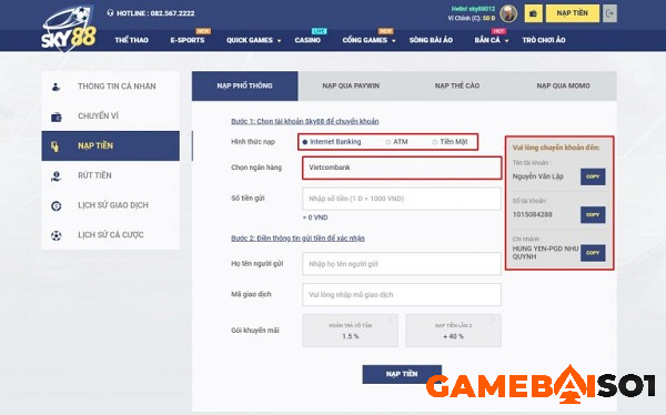 Chia sẻ cách nạp rút tiền Sky88 đầy đủ, chính xác nhất khuyến mãi sky88
