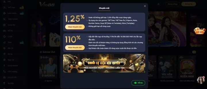 Vin88 - Thương hiệu cá cược uy tín & xanh chín Châu Á Cập nhật khuyến mãi hot cực số tại Vin88
